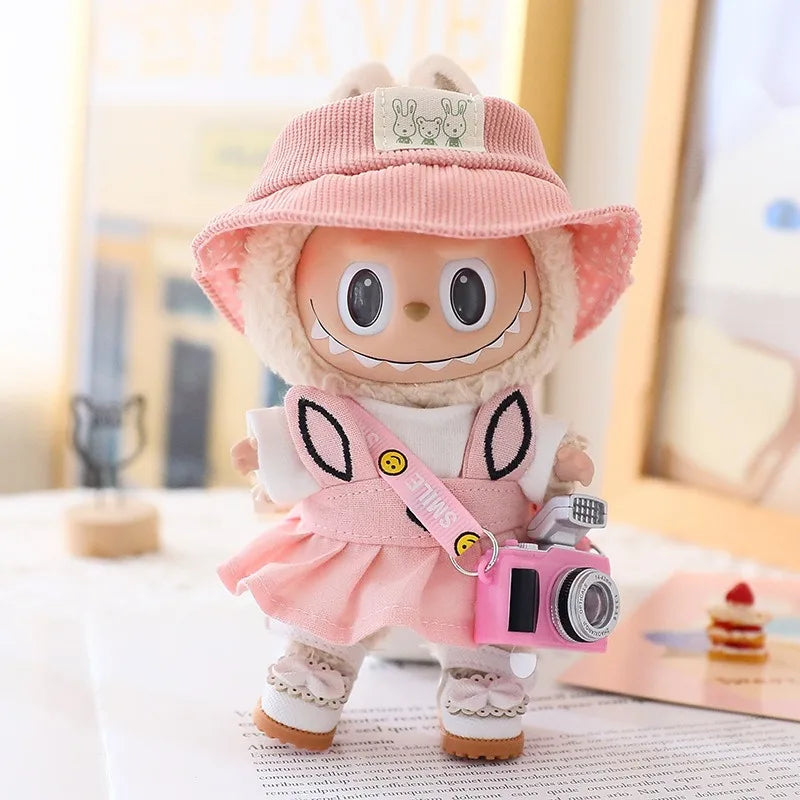 17Cm Pendant Labubu Doll Dress Cute Labubu Doll Clothes Pink Rabbit Skirt Green Coat Suit Cartoon Doll Hat Princess Shoes Gift